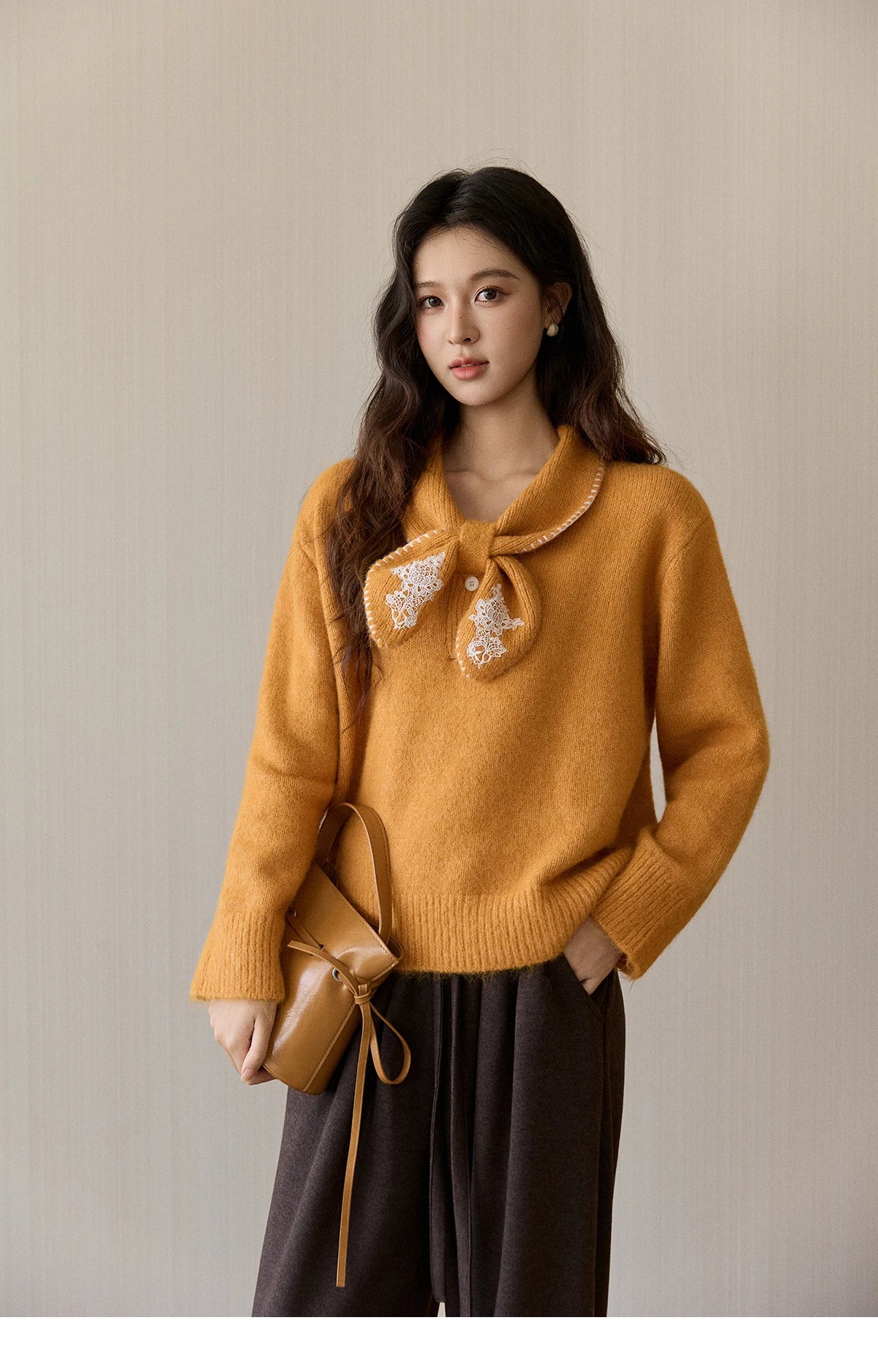 Mishow Yellow Bow Collar Lace Splicing Sweater MXE94Z2971