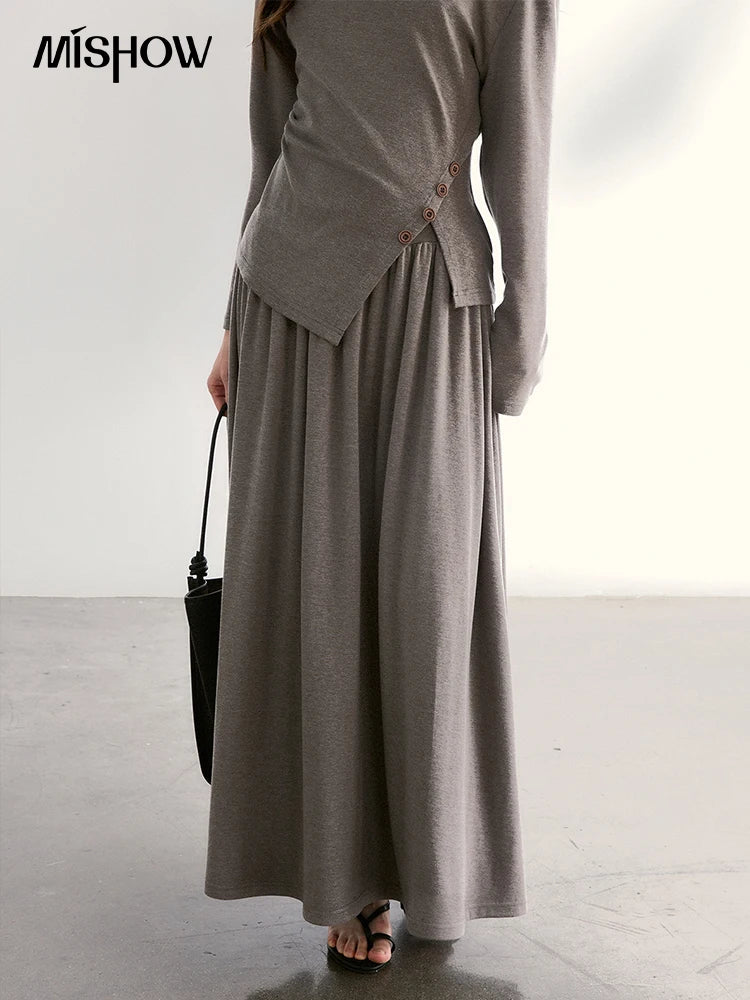 Mishow Grey Off-Shoulder Lace Trim Top & Maxi Skirt Set MXF13T1479