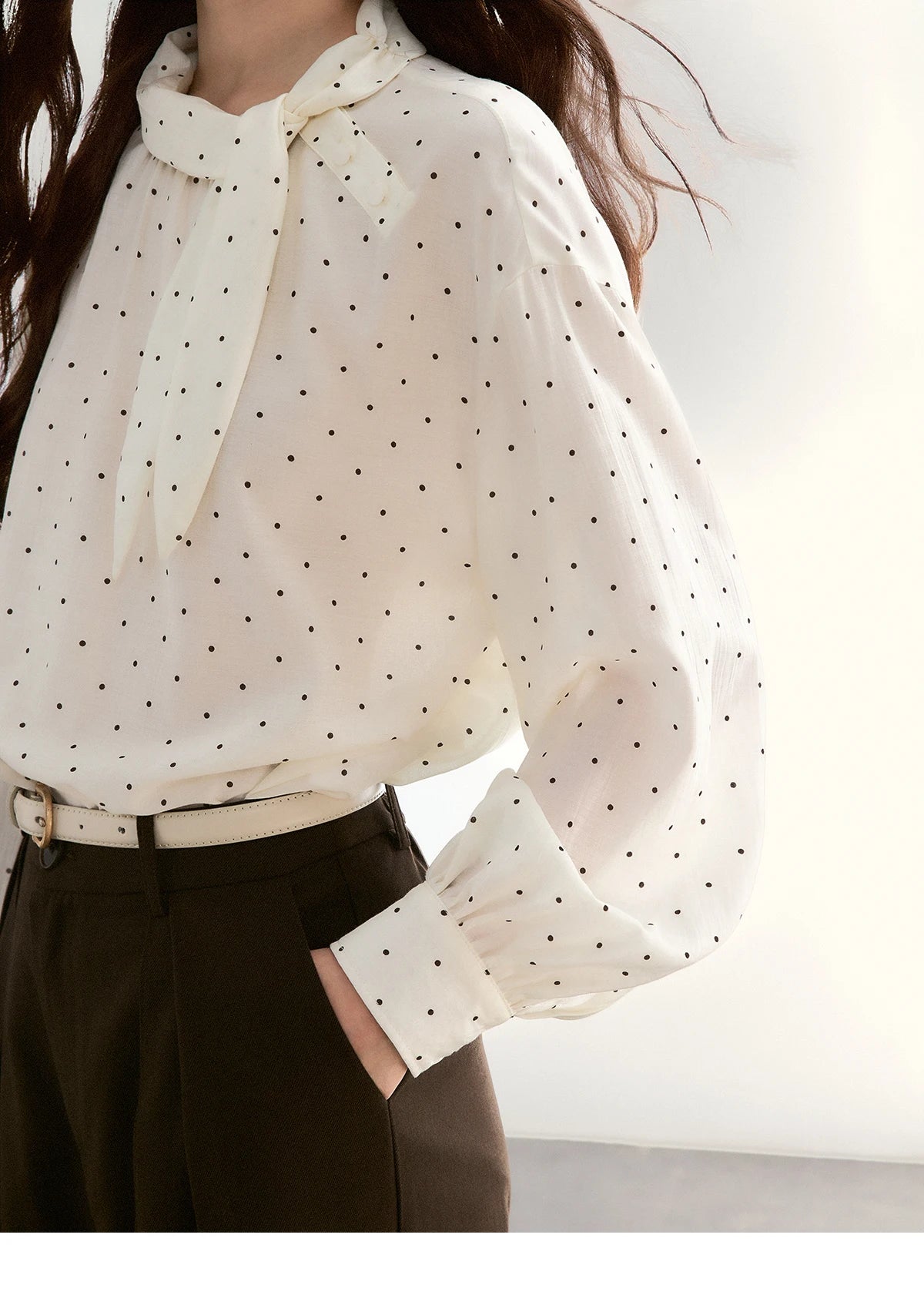 MISHOW White Polka Dot Blouse Bow Tie Neck Sheer MXF13X2531