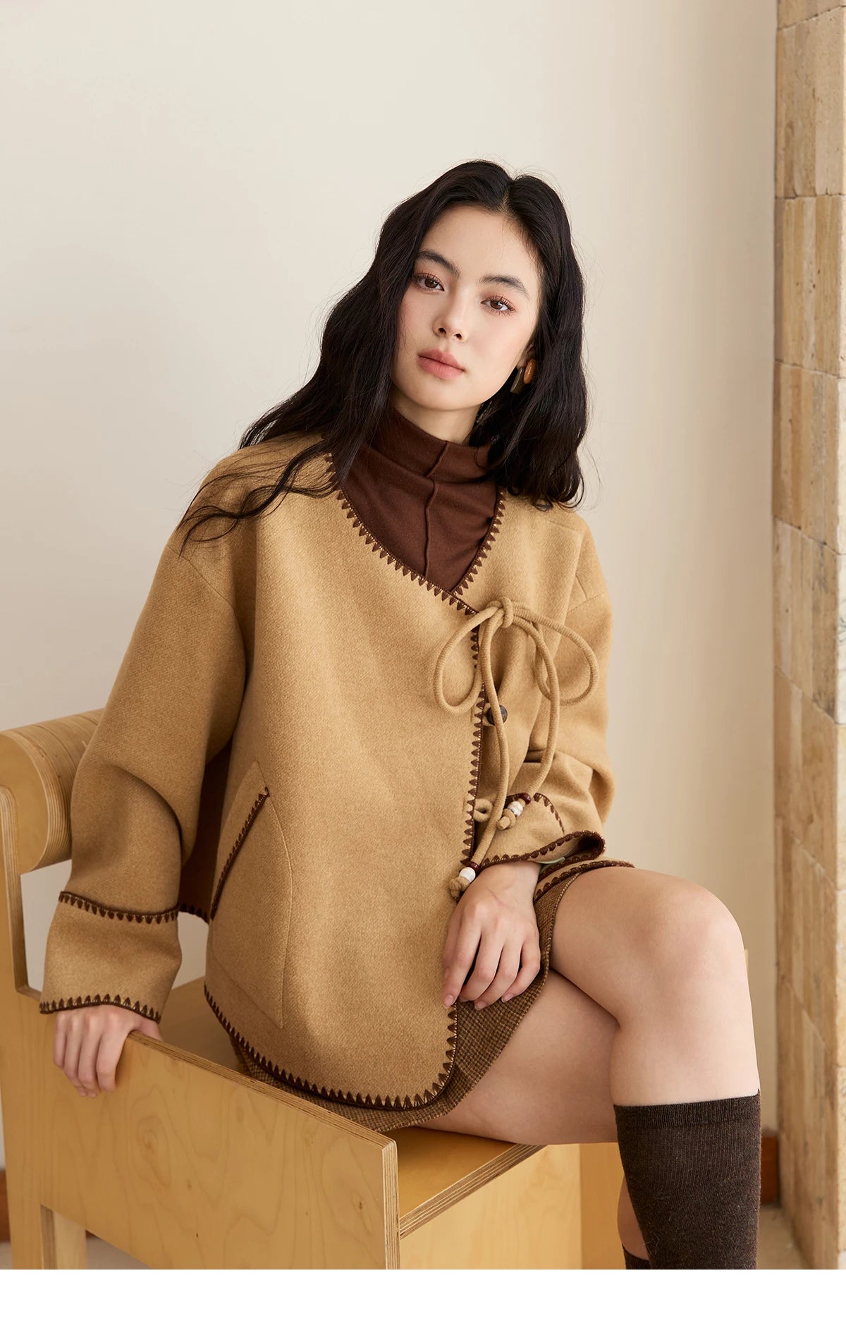 MISHOW Khaki Asymmetrical Coat Shell Flower Embroidery Lace-Up MXE49W0854