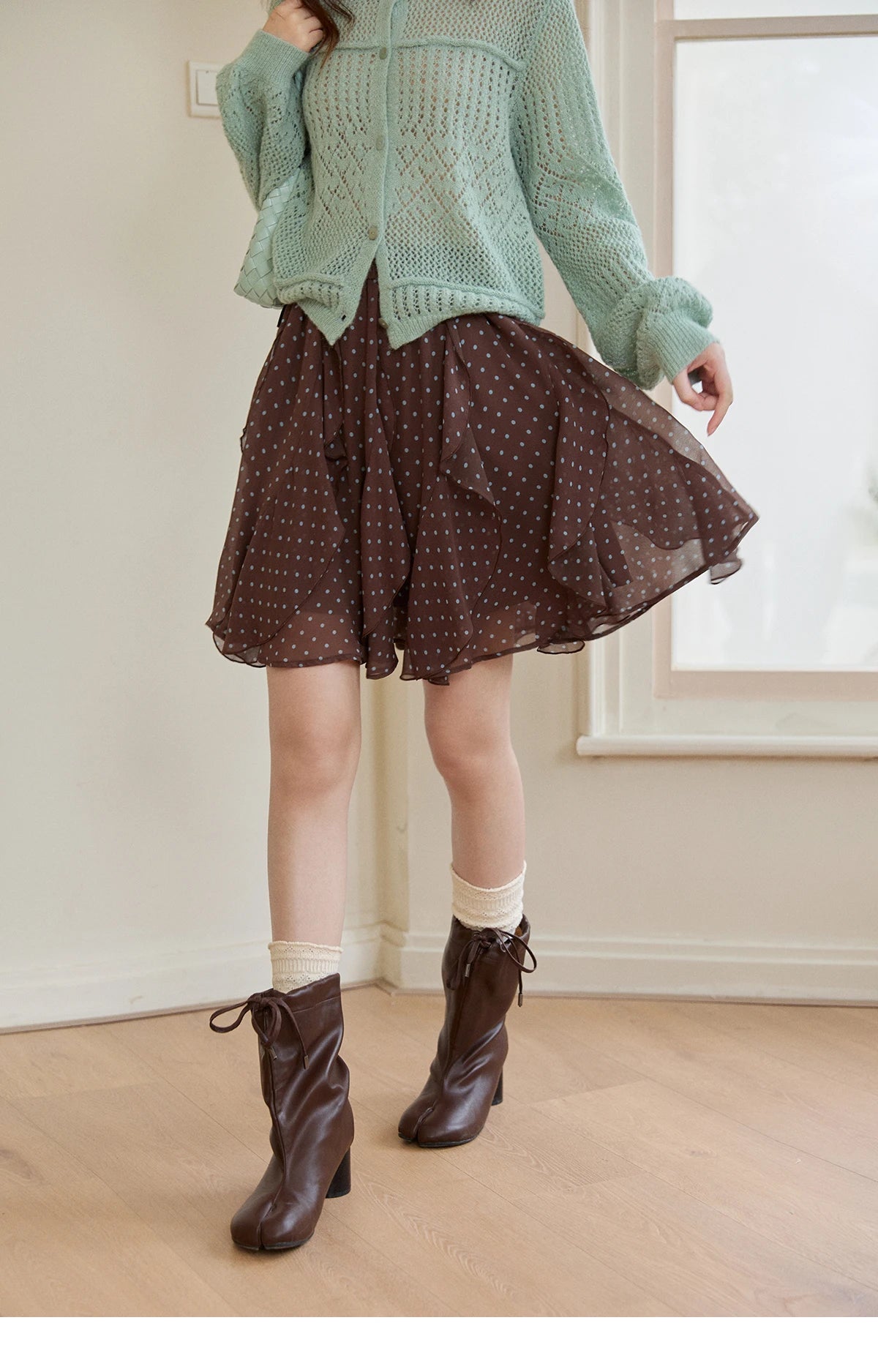 Mishow Brown Polka Dot Ruffled Chiffon Mini Skirt MXF13B2476