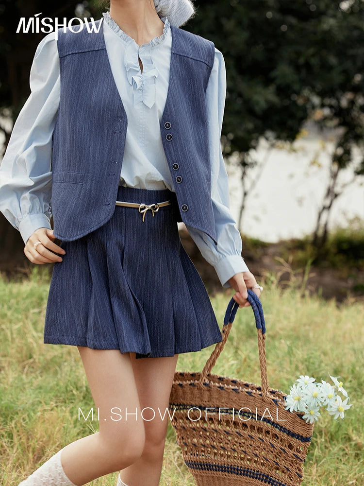Mishow V-Neck Vest Coat & Pleated A-Line Skirt Set MXE31T0505