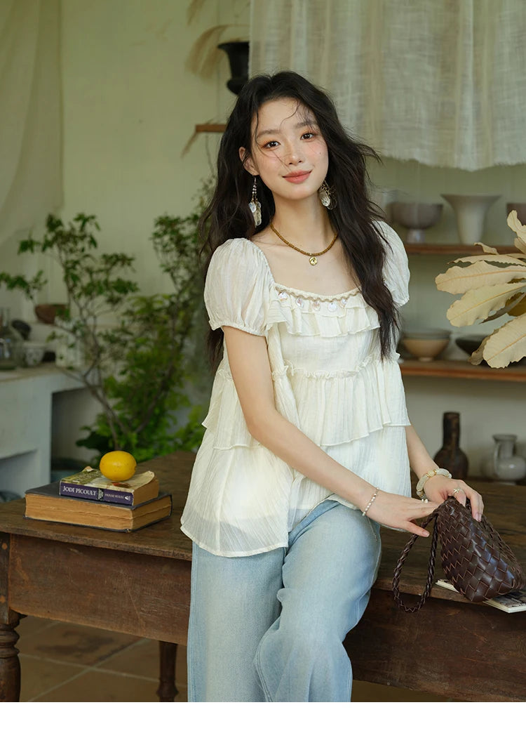 MISHOW Square Collar Puff Sleeve Tiered Blouse MXE33X1763