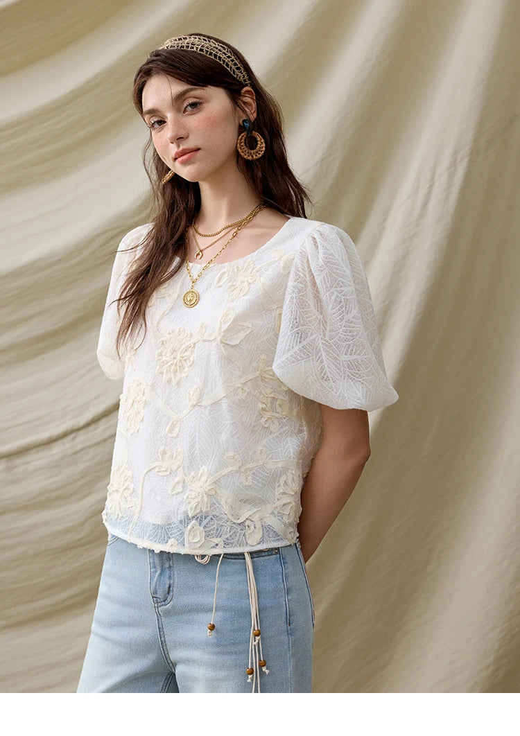 MISHOW Short Puff Sleeve Blouse Round Neck Jacquard MXE32X1772
