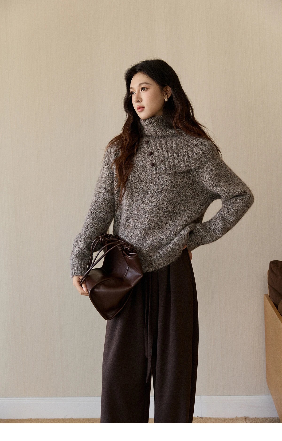 Mishow Gray Textured Button Sweater with Neckwear Scarf MXE94Z2978