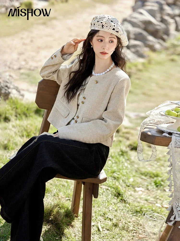 MISHOW Xiaoxiangfeng Long Sleeve Jacket Button Short Coat MXE11W0713