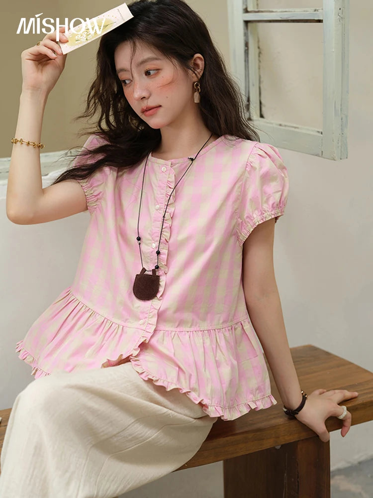 MISHOW Pink Plaid Puff Sleeve Shirt O-Neck Button MXE39X1932