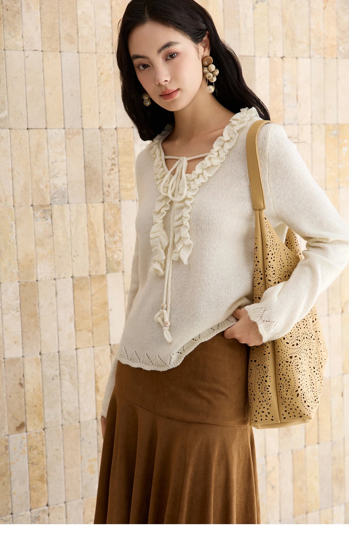 Mishow Beige V-Neck Wood Ear Hollow Sweater MXE51Z2595