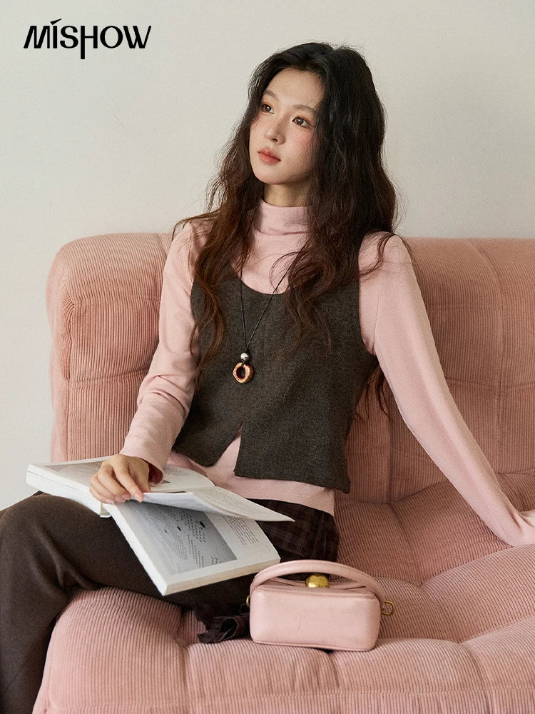 Mishow Retro Turtleneck Top & Square Collar Vest Set MXE88T1440