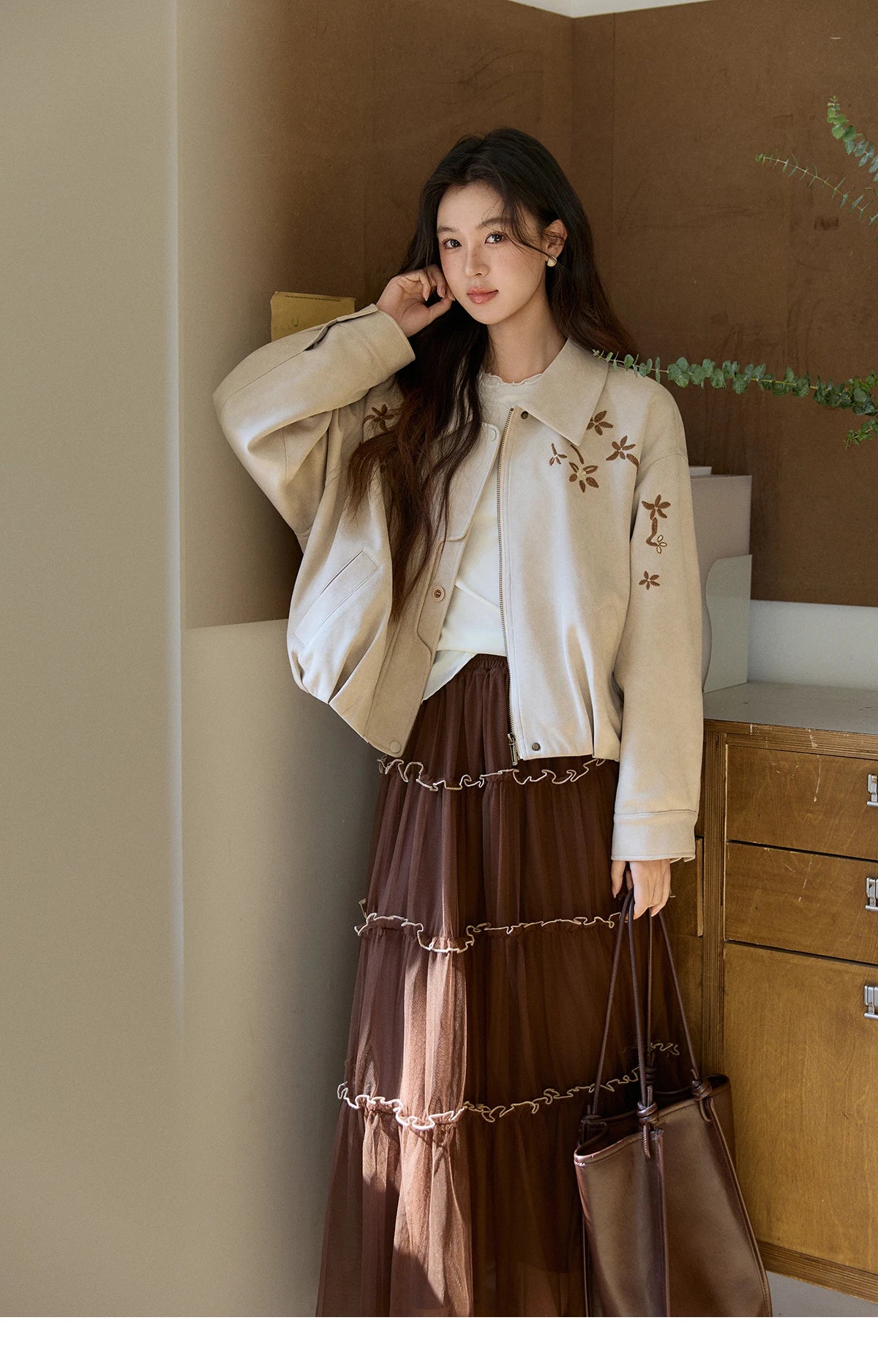 MISHOW Imitation Suede Jacket Floral Embroidery Lapel Zipper MXF11W1027
