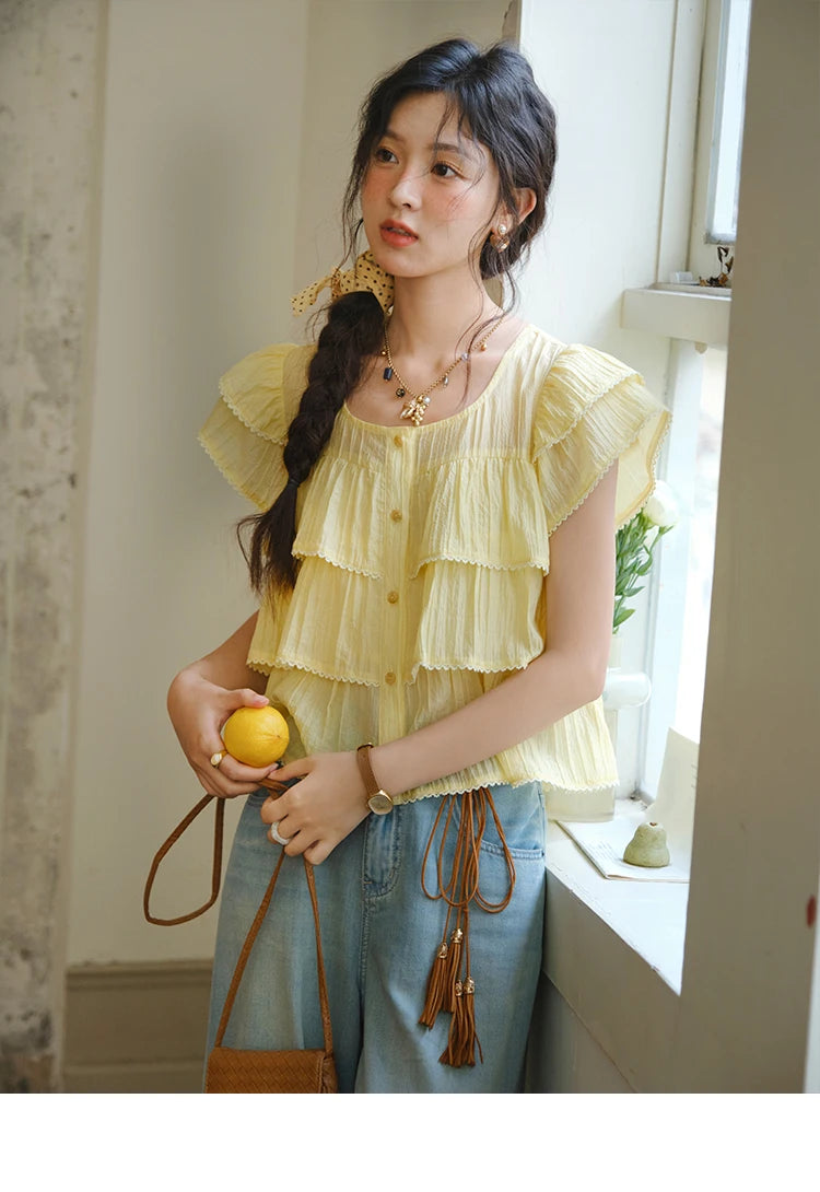 MISHOW Butterfly Sleeve Chiffon Shirt Square Neck Button MXD30X1488