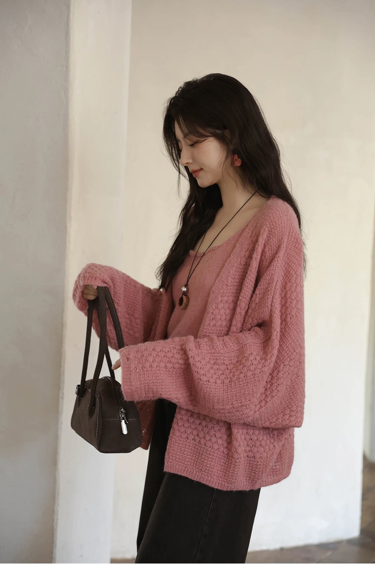 Mishow Pink Long Sleeves Cardigan with Vest Set MXE44T0737