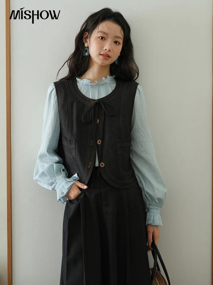 Mishow Deep Blue Imitation Denim Lace-Up Vest MXE41W0797