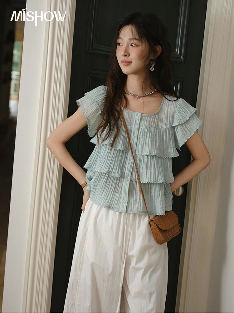 MISHOW Butterfly Sleeve Chiffon Shirt Square Neck Button MXD30X1488