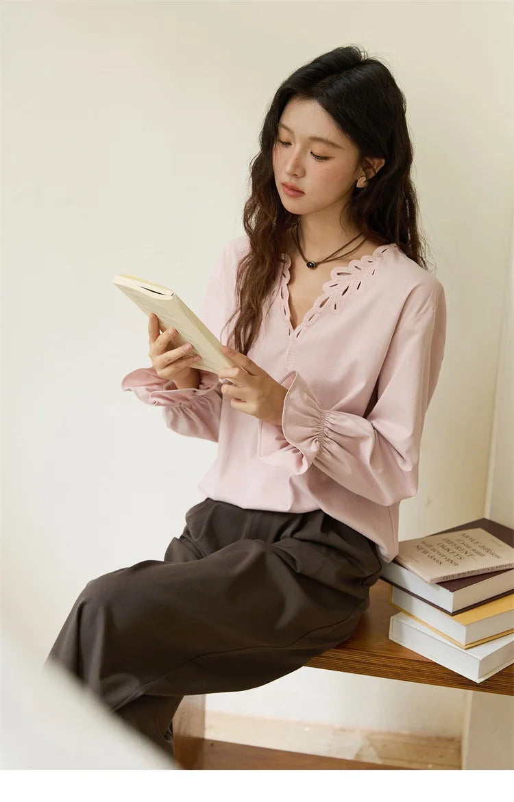 MISHOW French Style Hollow Out V-Neck Pink Blouse Long Sleeves MXE48X2502