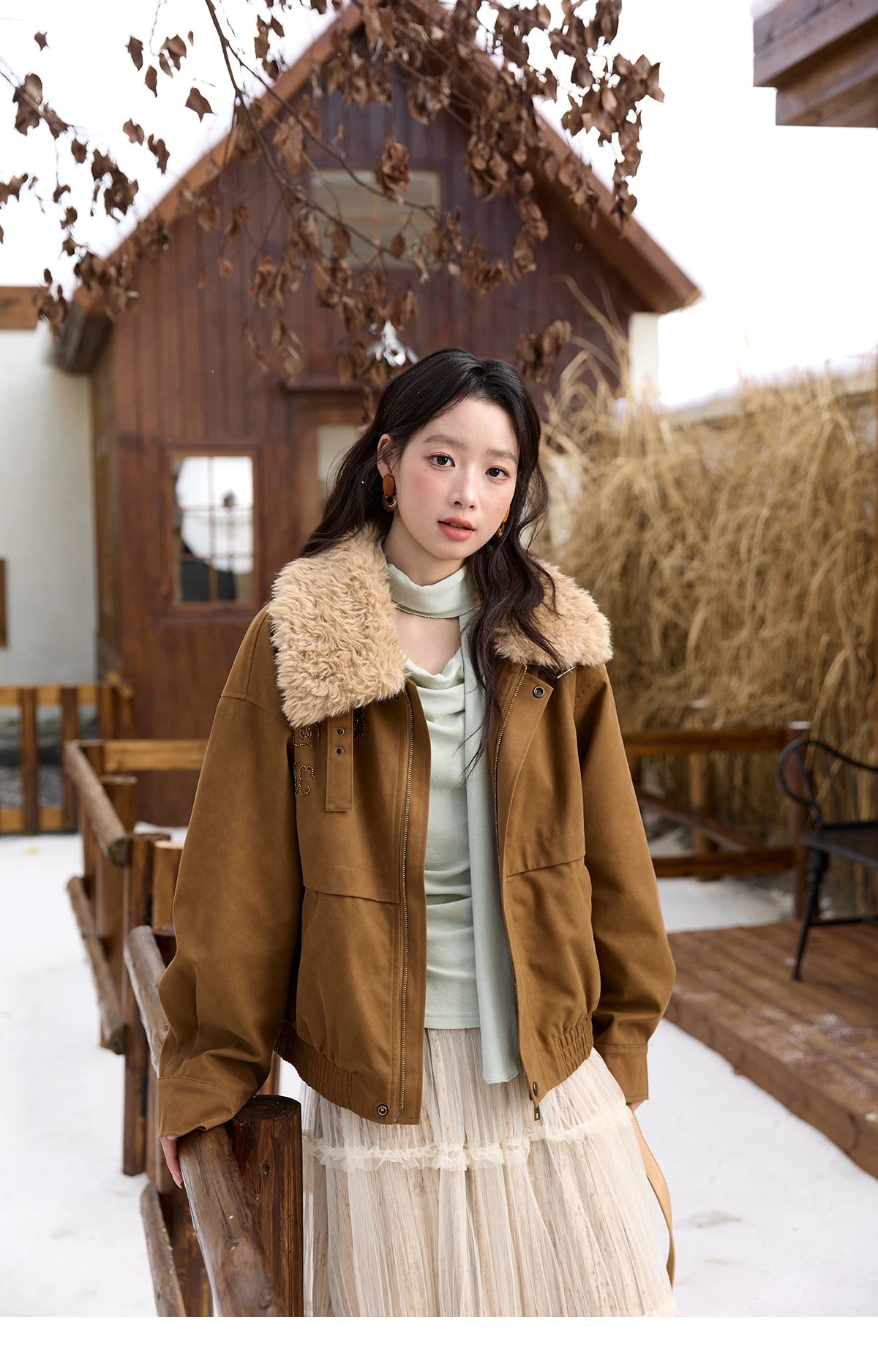 MISHOW Brown Suede Jacket Detachable Fur Collar Zipper MXE51W0876