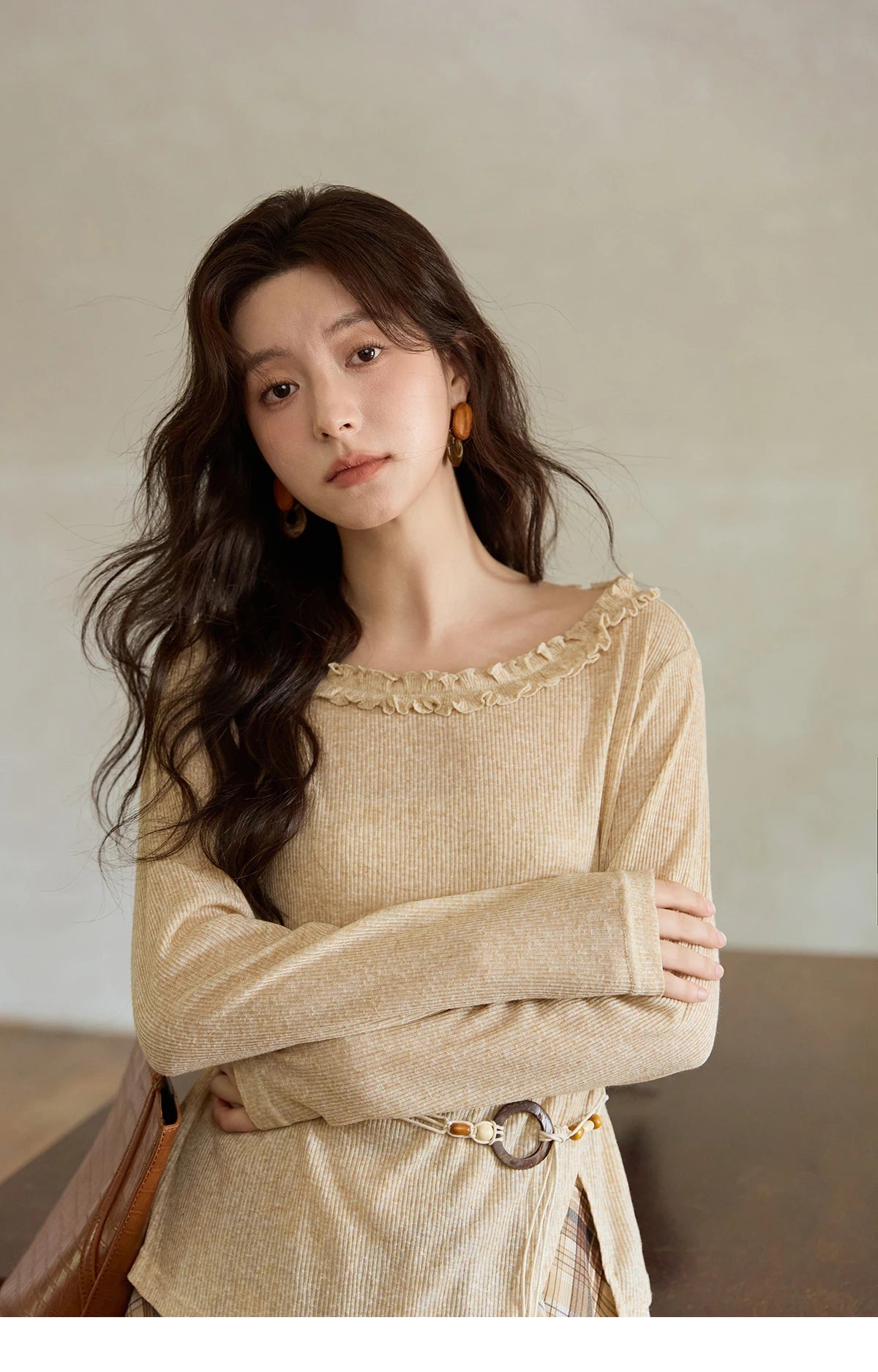 Mishow Apricot Ramie Knit Bohemian Belt Top MXE42Z1324