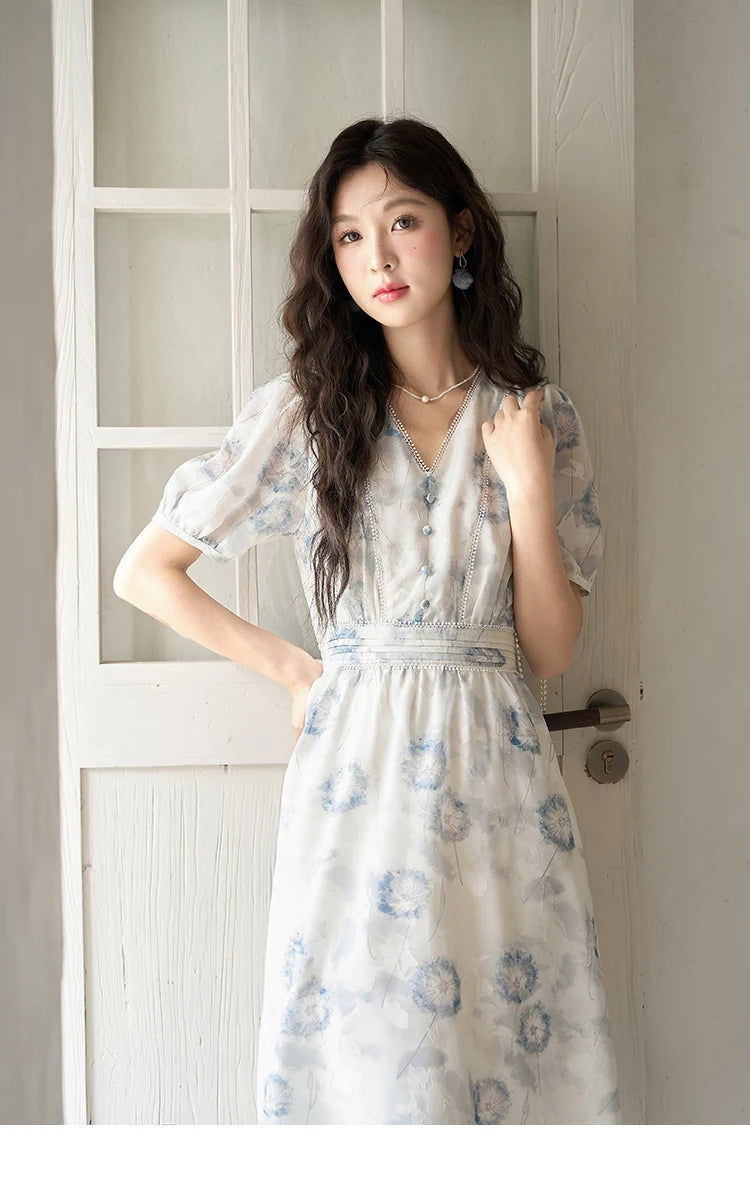 Mishow Taraxacum Print V-Neck Puff Sleeve Dress MXC39L1555