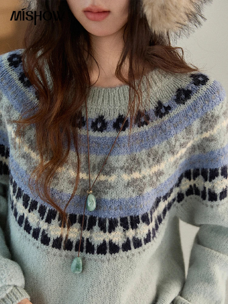 Mishow Blue Fair Isle Geometric Jacquard Pullover MXE87Z2767