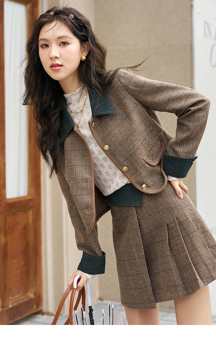 Mishow Fashion Retro Plaid Wool Jacket & Half Pleated Skirt Set MXC47W0154