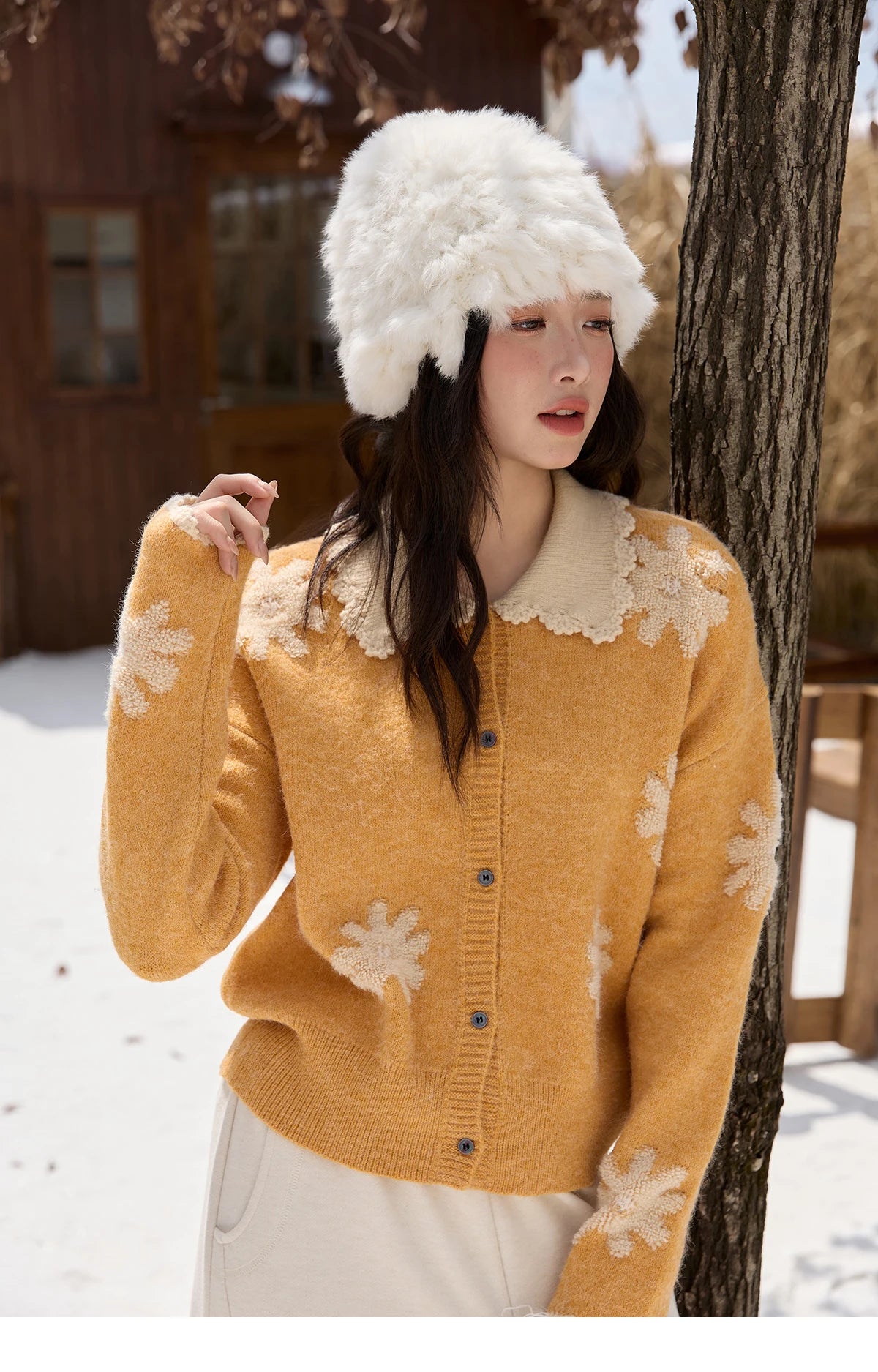 Mishow Yellow Retro Jacquard Turn-Down Collar Cardigan MXE88Z2691