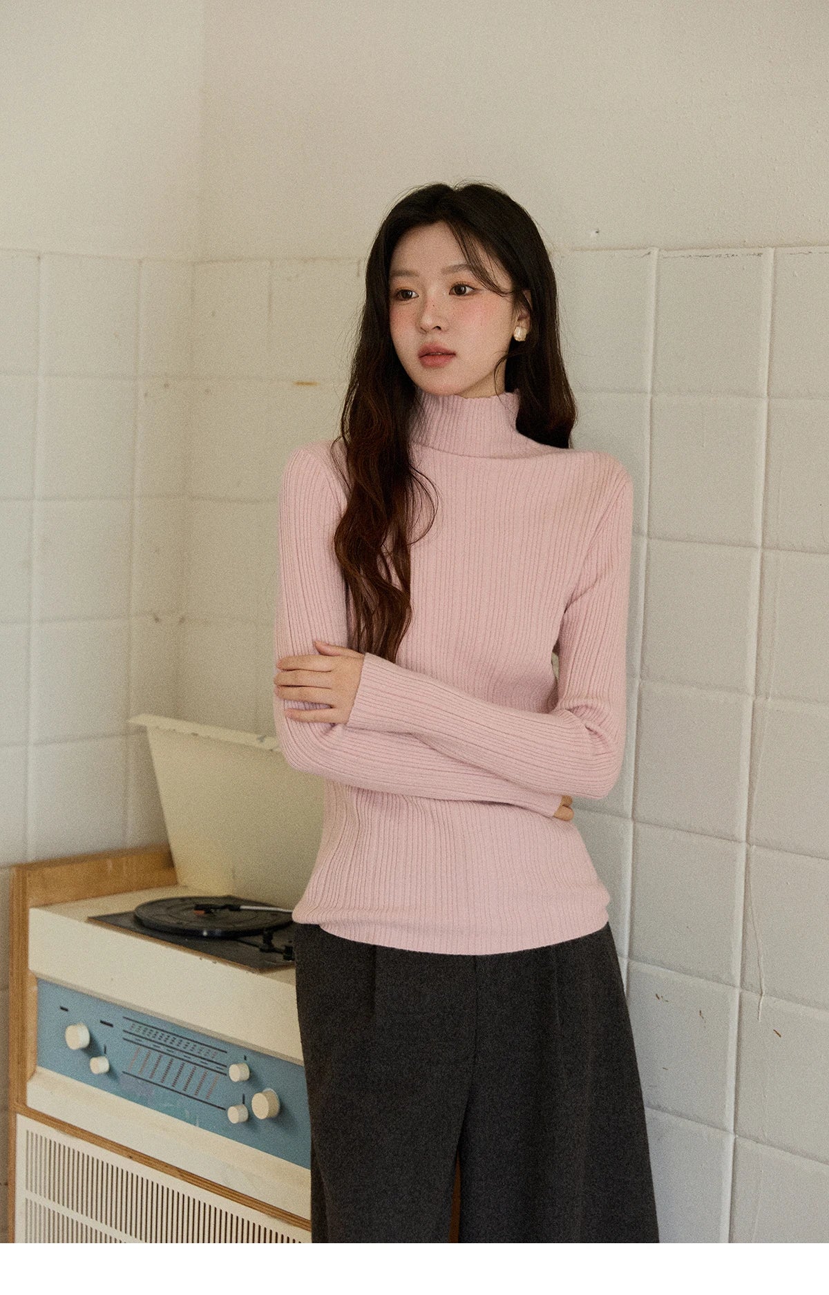 Mishow Solid Turtleneck Vertical Ribbed Slim Top MXE86Z2656
