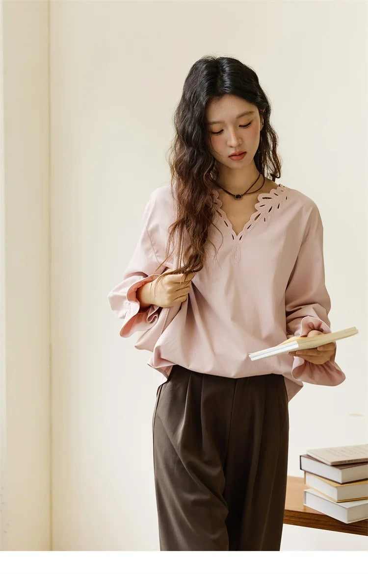 MISHOW French Style Hollow Out V-Neck Pink Blouse Long Sleeves MXE48X2502