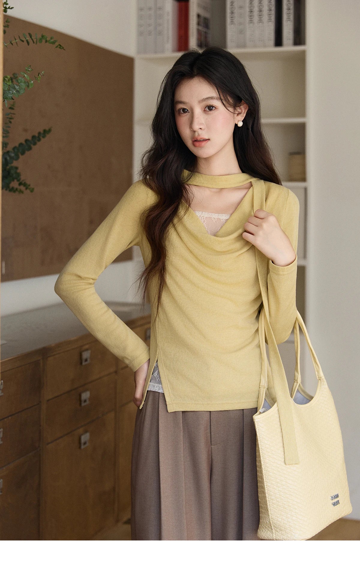 Mishow Yellow Lace Splicing Ribbon Collar Top MXF108Z1030