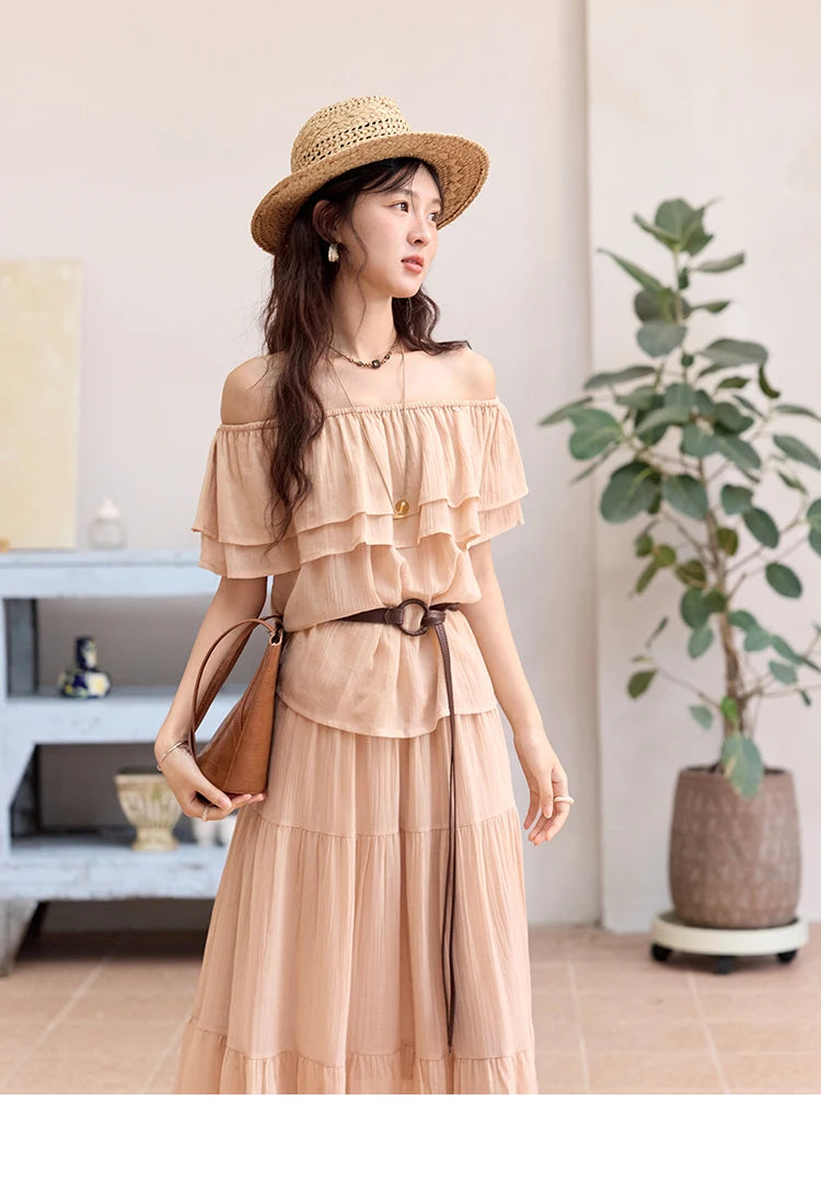 Mishow Lotus Leaf Edge Off Shoulder Top & Elastic Skirt Set MXE36T0637