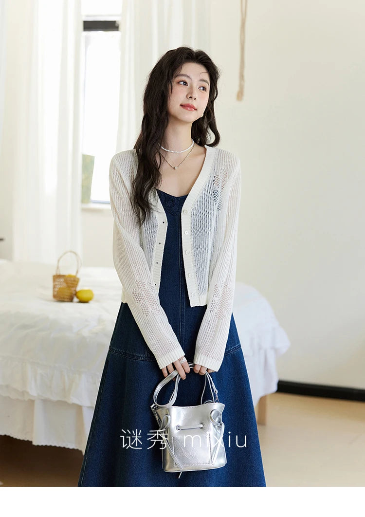 Mishow Denim Camisole Hollowed Out Lace Edge Dress MXE13L2094