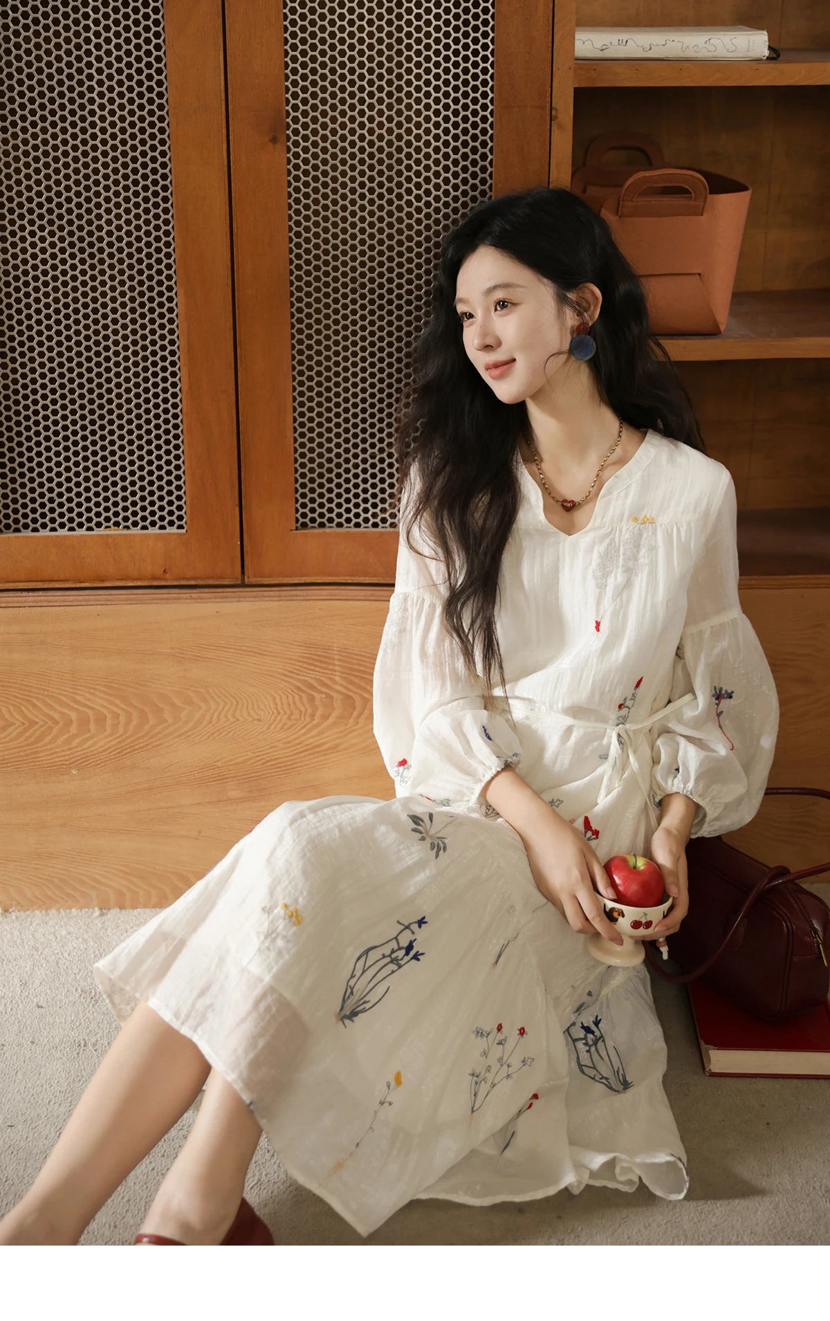 Mishow Beige Curved Collar Lantern Sleeve Tied Dress MXE41L2487