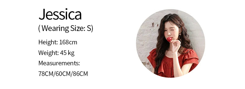 MISHOW French Square Collar Blouse Red Ruffle Lace Cake Puff Sleeve MXD30X1488