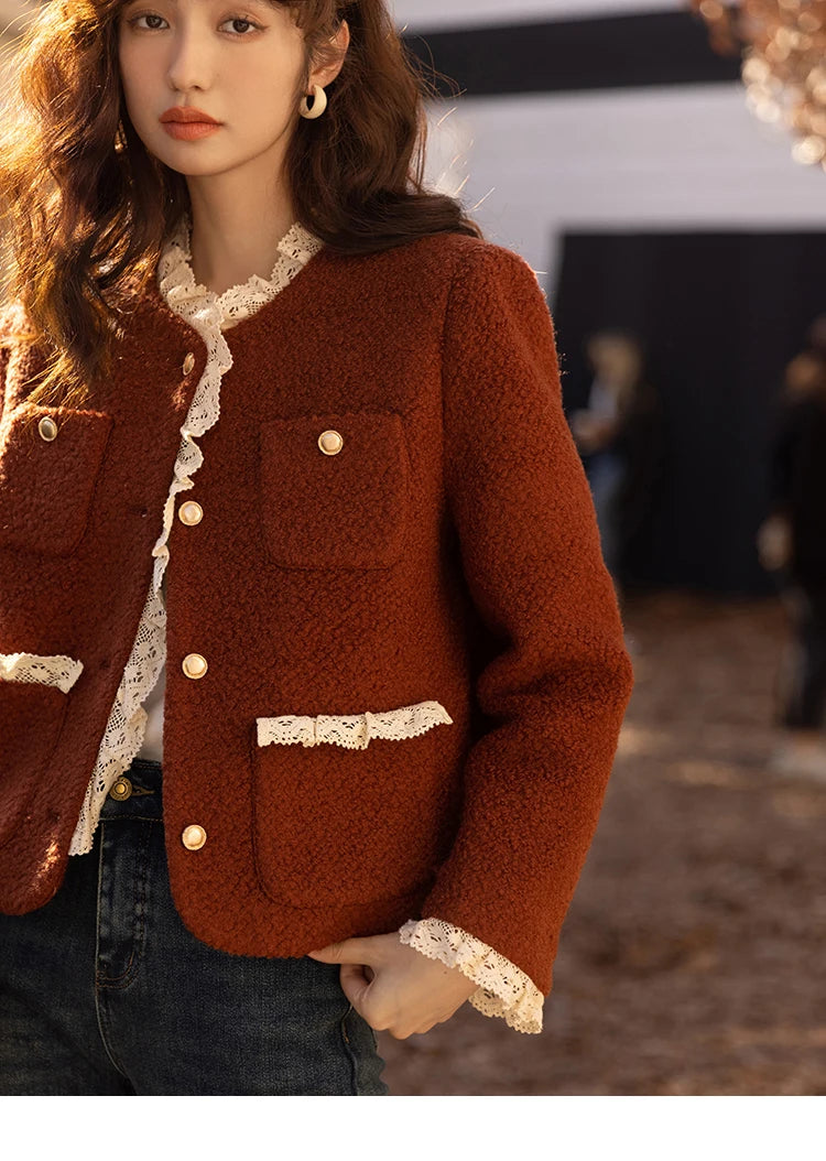 MISHOW Wool Coat Lace Splicing Lamb Wool Button Pockets MXB43W0720