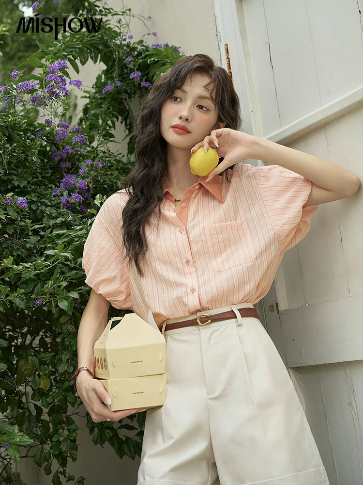 MISHOW Hong Kong Retro Pink Striped Shirt Bubble Sleeve Lapel MXD28C0250