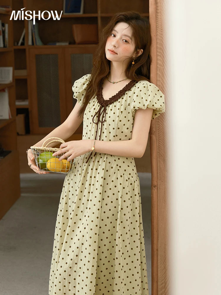 Mishow Polka Dot V-Neck Lace Up Puff Sleeve Dress MXE39L2326