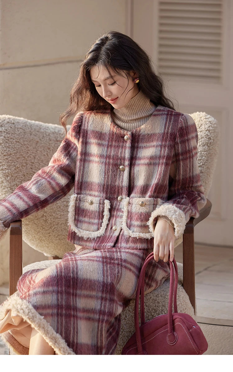 Mishow Plaid Tweed Jacket & Midi Skirt Set MXD54W0562