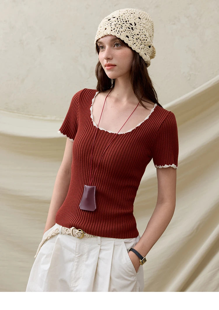 Mishow Office Lady Lace Collar Contrast Hook Top MXE33Z1218