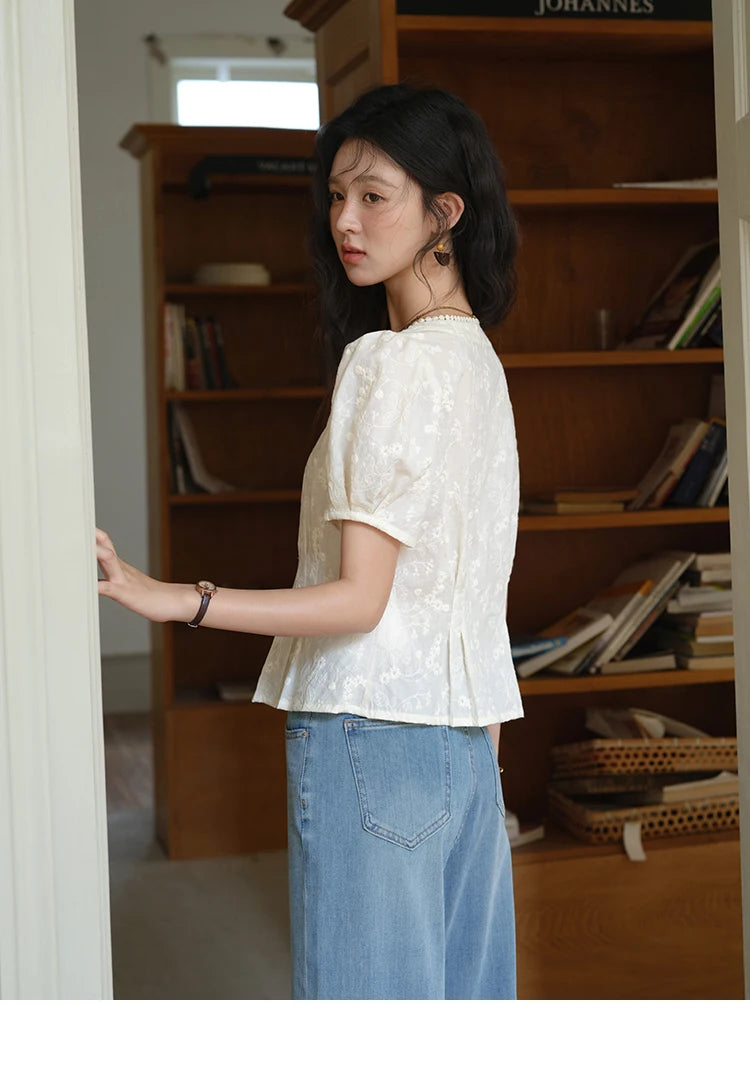 MISHOW Embroidery Cotton Shirt Puff Sleeve Button MXE39X1979