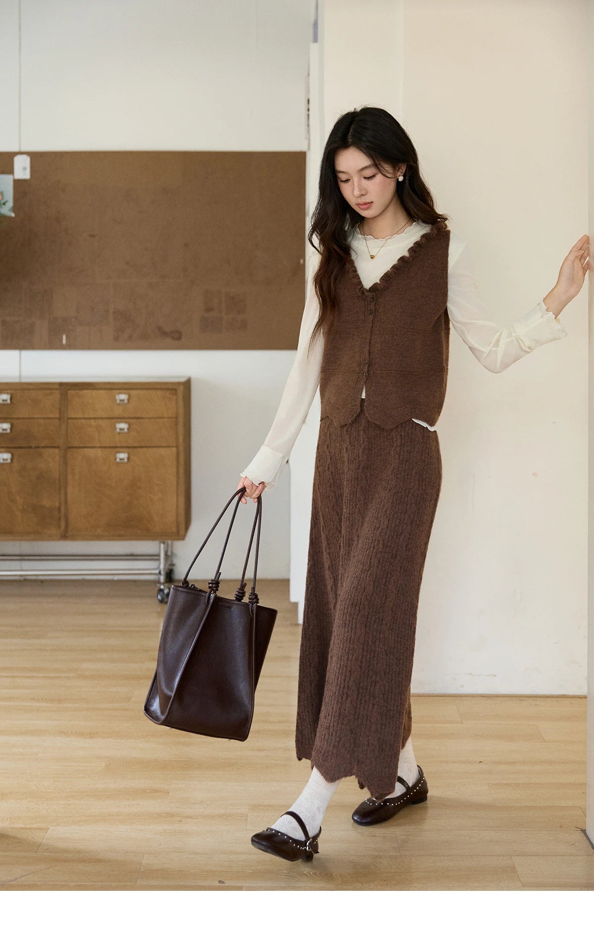 Mishow Brown Knitted Vest & Cable Knit Maxi Skirt Set MXF11T1460