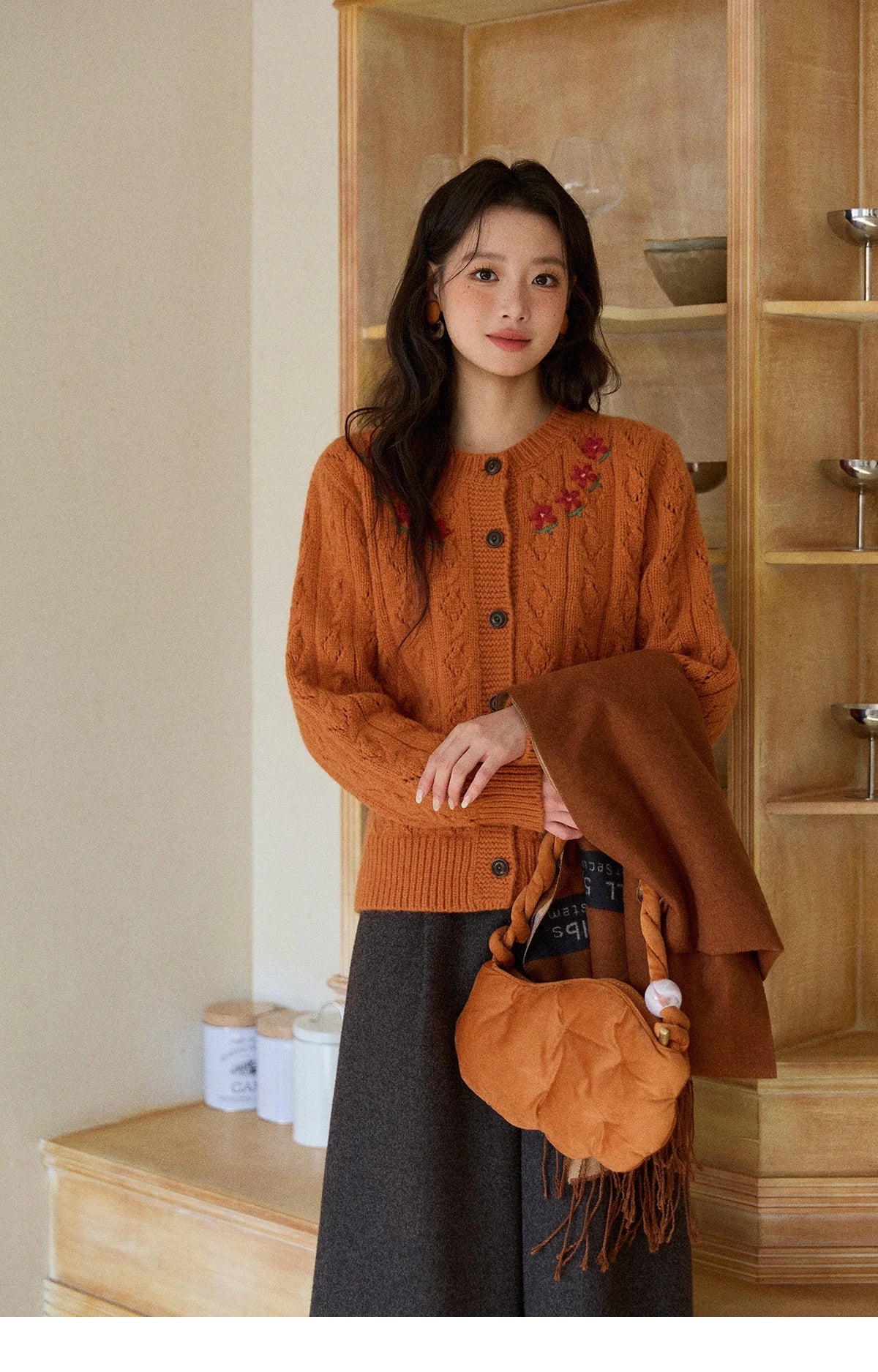Mishow Orange Cable Knit Floral Embroidery Cardigan MXE86Z2737