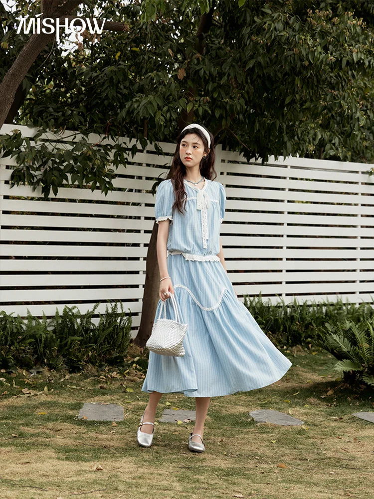 Mishow Blue Stripe V-Neck Top & A-Line Skirt Set MXE31T0531