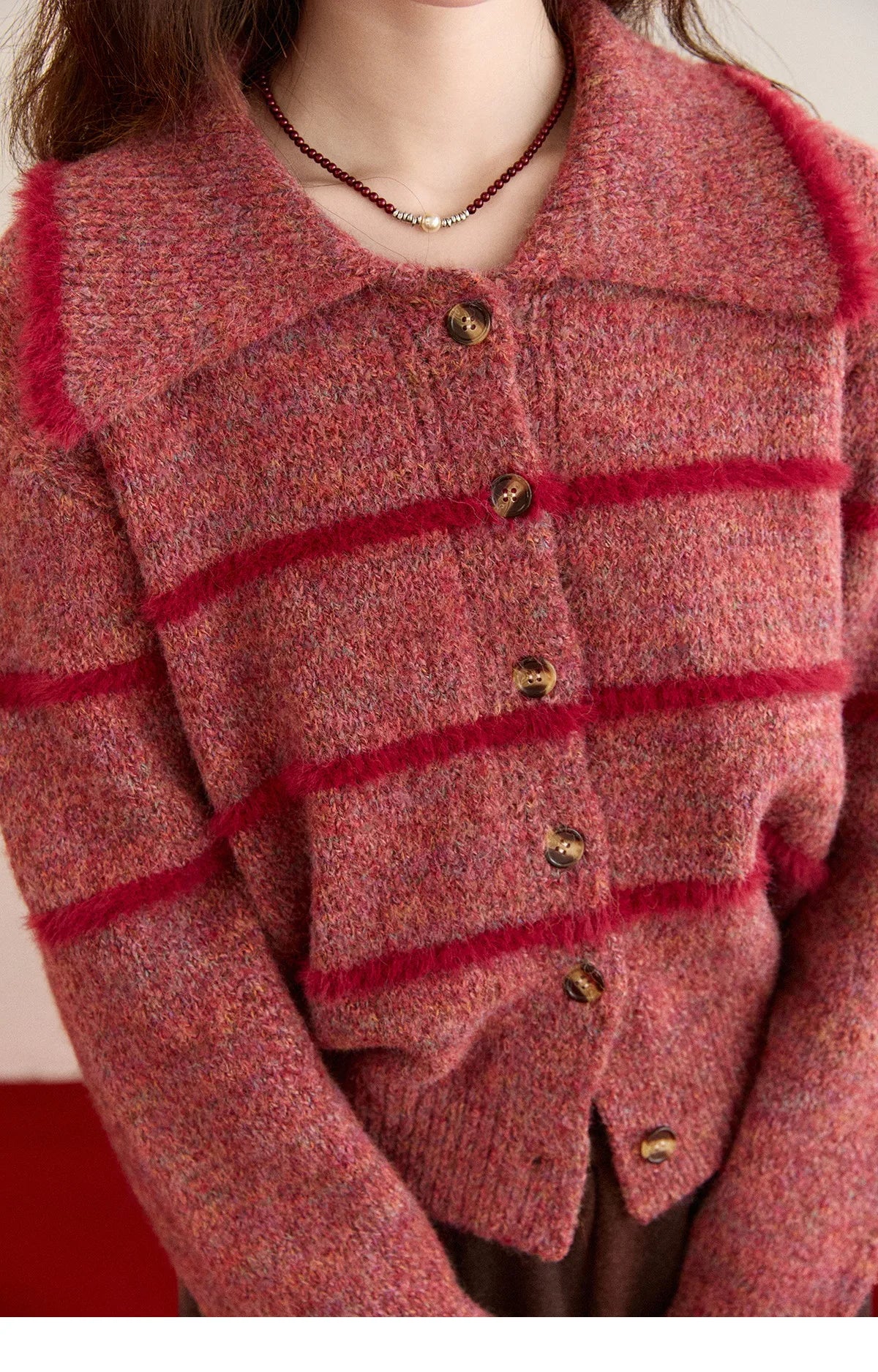 Mishow Red Striped Large Lapel Fleece Cardigan MXE94Z2888