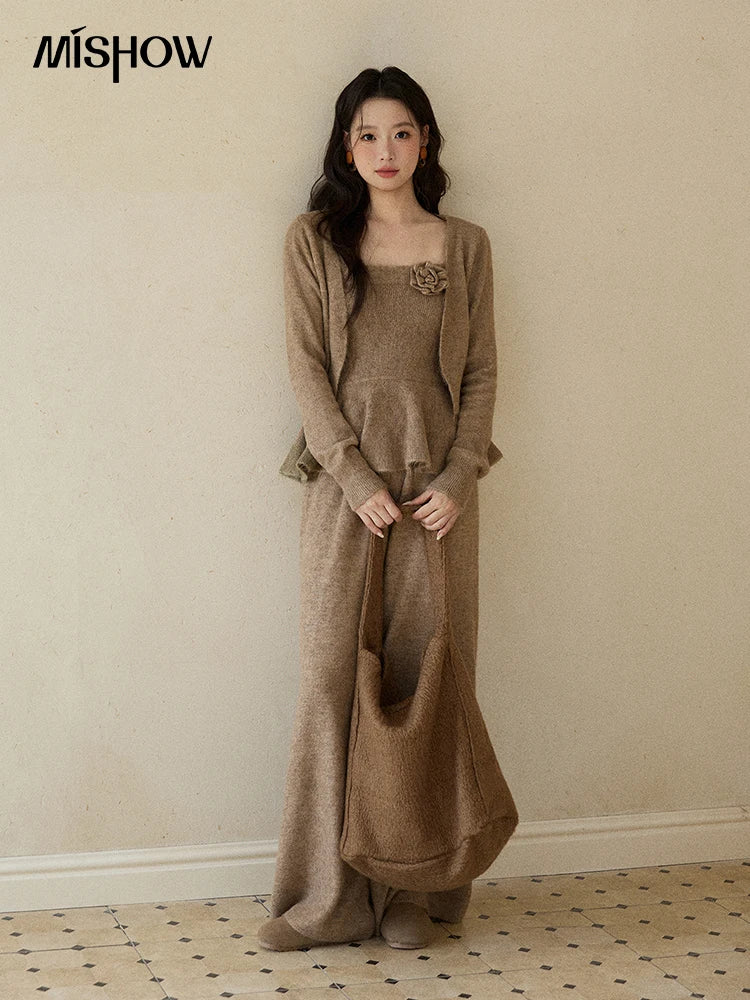 Mishow Khaki Knitted Three-Dimensional Floral Camisole Cardigan & Wide Leg Pants Three-Piece Set MXE87T1449