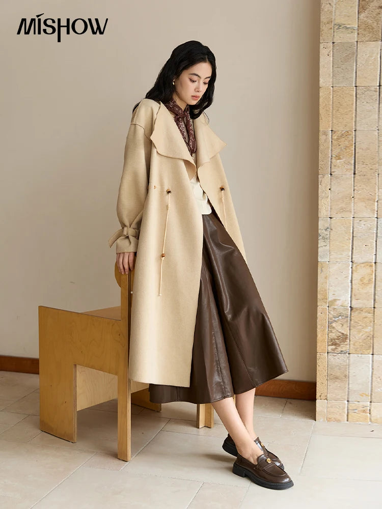 Mishow Drawstring Waist Large Lapel Mid-Length Woolen Coat MXE45W0841
