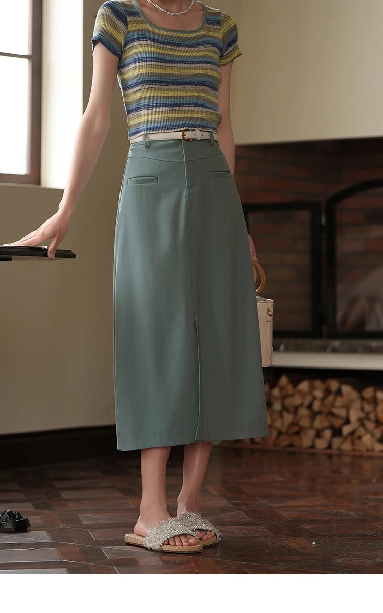 MISHOW Suit Straight Midi Skirt High Waist Slim Front Fork Rear Elastic MXC15B0026