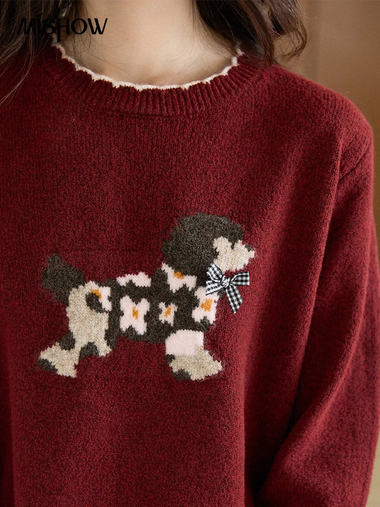 Mishow Burgundy Poodle Pattern Ruffled Trim Pullover MXE93Z2949