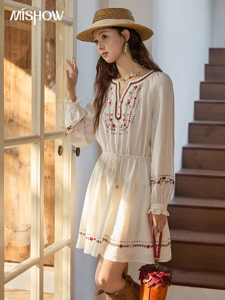 Mishow V-Neck Embroidered Drawstring Bohemian Dress MXE44L2489