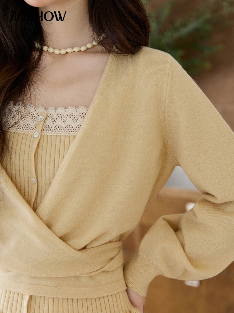 Mishow Yellow Ruffled Camisole & Lace Cardigan Set MXF11T1472
