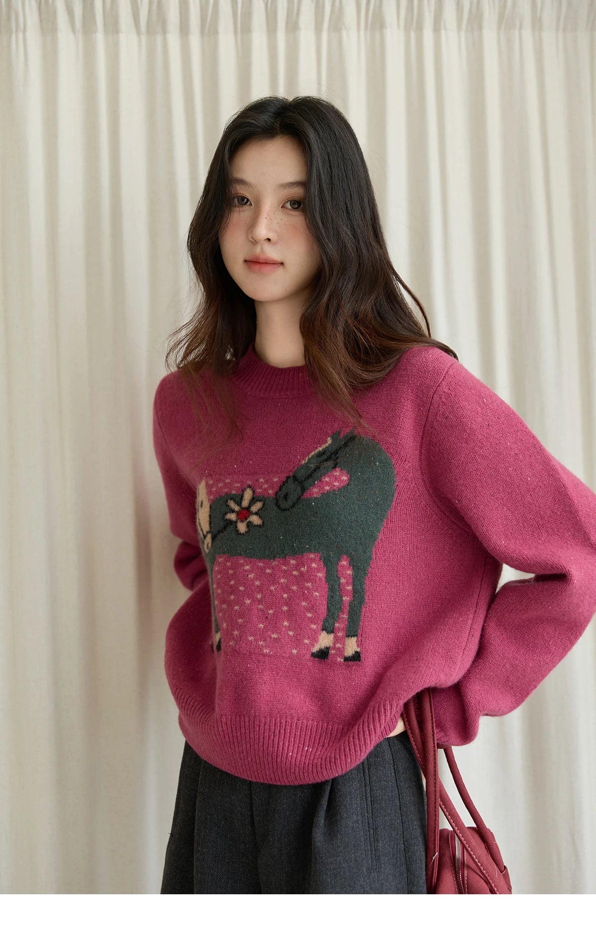 Mishow Red Pony Jacquard Round Neck Pullover MXE48Z2622