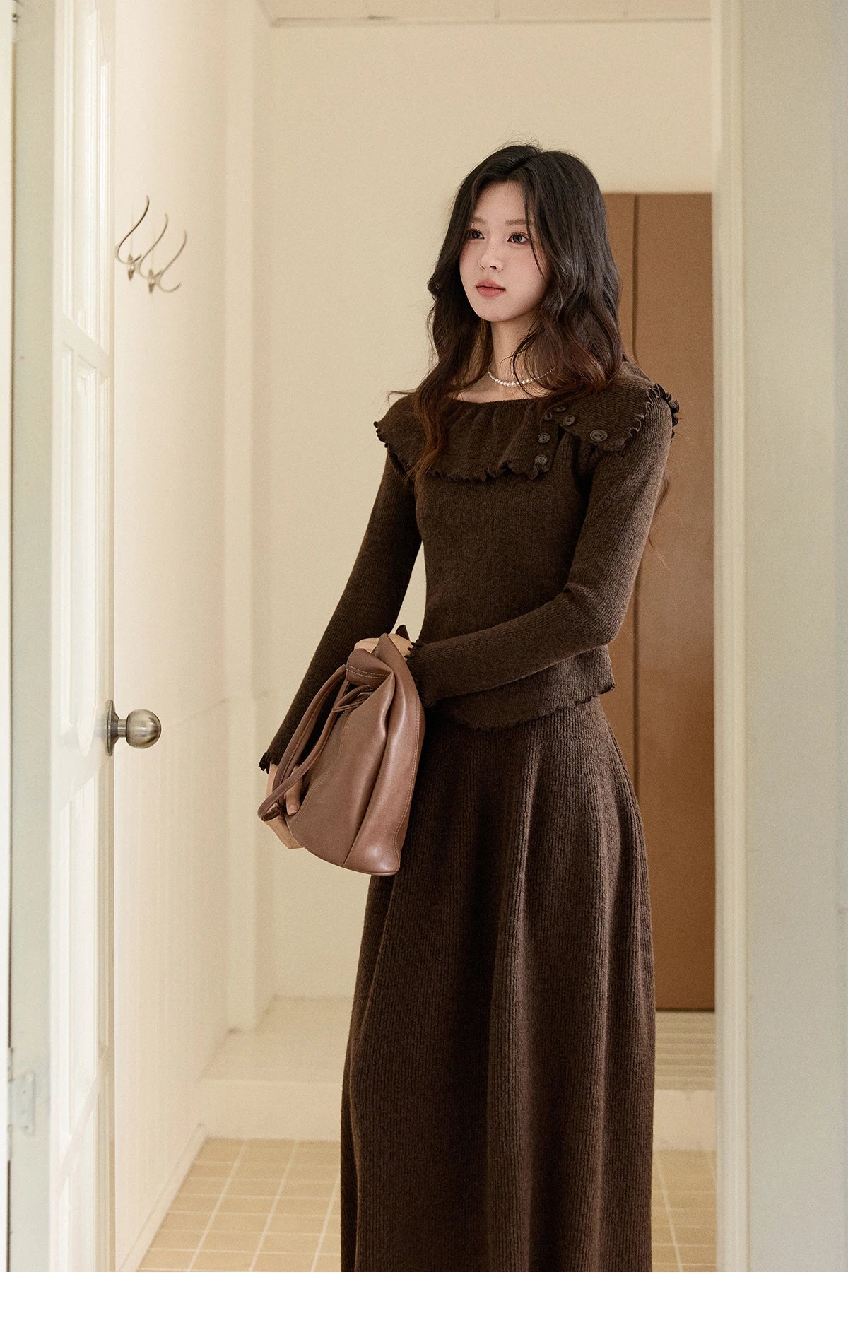 Mishow Coffee Ruffle Boat Neck Top & A-Line Skirt Set MXE93T1455